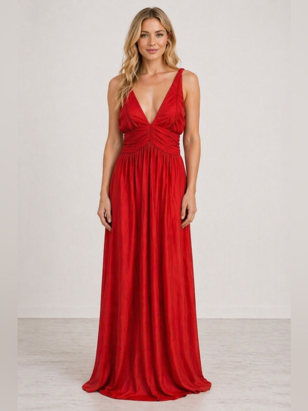 JOY STEVENS vintage 70s bright red open back flowy maxi dress womens